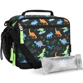Choco Mocha Lunch Box Kids Lunch Box for Boys Lunch Boxes for School Lunch Bag Ice Packs with Shoulder Strap for Toddler Preschool Kindergarten Black & Green Dinosaurs