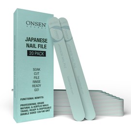 Onsen Secret Japanese Nail File - Professional 20-Pack Nail Files, Double Sided Natural & Acrylic Nail Filers - 120/180 Grit - Disposable, Salon Smooth, Best Nail File for Shiny Nails (20 Counts)