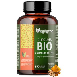 250 Capsules Turmeric Capsules with Organic Turmeric Powder High Dose Complex with Bacterial Cultures and Organic Inulin Curcuma Longa Turmeric with Ginger and Black Pepper Vegan Supply VEGAGENO