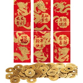 ELLZK 36 sobres chinos rojos con dinero de la suerte, 2022, sobre de año nuevo chino, tamaño grande y 50 monedas chinas de Feng Shui, moneda de buena suerte, monedas I-Ching para salud y riqueza