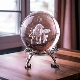 PIEFACTORY 2.3inch 3D Etched Leo Zodiac Sign Crystal Compatible with Ball Paperweight with Silver Stand