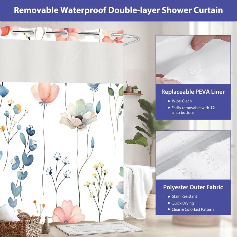 OSUNBD No Hook Shower Curtain 71 x 74 Inch, Watercolor