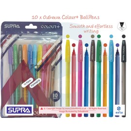 SUPRA Colour+ MULTICOLOURED Ballpoint Pens Write Draw Sketch Office School Home Mixed Pack (10 x 0.6mm MULTICOLOURS Ball Pens + 1 x ZOFAX Gelo Gel BLACK Pen)