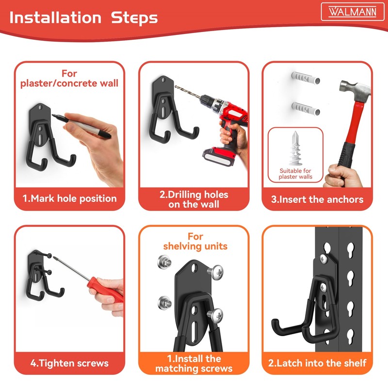 WALMANN 12PCS Garage Storage Hooks, Wall Mount Utility Hooks for