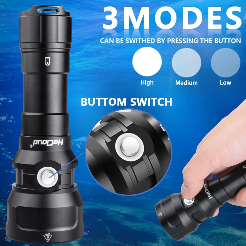 Hecloud Underwater 400ft Waterproof LED Scuba Dive Light Rechargeable Diving