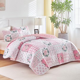 Joyreap 3 Pieces Floral Patchwork Quilt Set King, Pink n White Flowers Design, Soft n Cozy Microfiber Quilt, Bedspread Bed Cover for All Season, 1 Quilt and 2 Pillow Shams- 102x90 inches