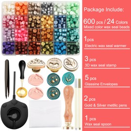 Wax Seal Electric Kit with 24 Colors Wax Seal Beads 600pcs, 3pcs (Cherry/Heart Crown/Lily of the valley) Stamps with Electric Warmer Set for Sealing Invitation, Christmas, Gift Wrapping (3D Stamp Kit)