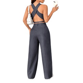 SweatyRocks Women's 2 Piece Solid Sleeveless V Neck Cross Back Button Down Blazer and Pants Business Office Suit Set Light Grey Small