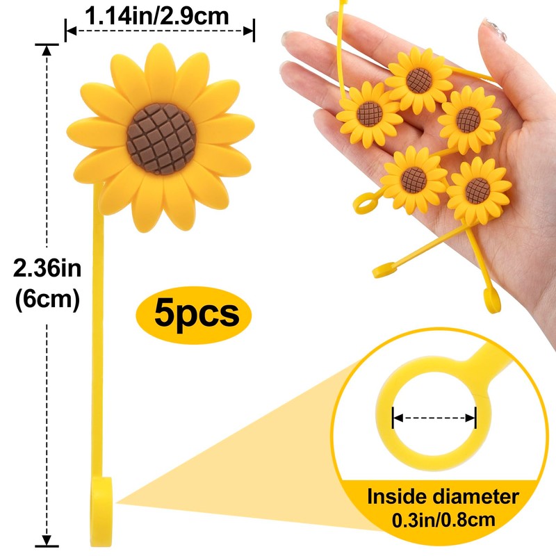 CustomyLife 5 Pcs 0.3inch Sunflower Straw Toppers Reusable Silicone Drinking