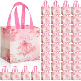 Frienda 50 Pcs Little Pumpkin Gift Bags Fall Baby Shower Party Favor 8 x 8 x 6 Inch a Little Pumpkin Is on The Way Baby Shower Non Woven Bag Fall Goodie Treat Gift Tote with Handle(Pink)