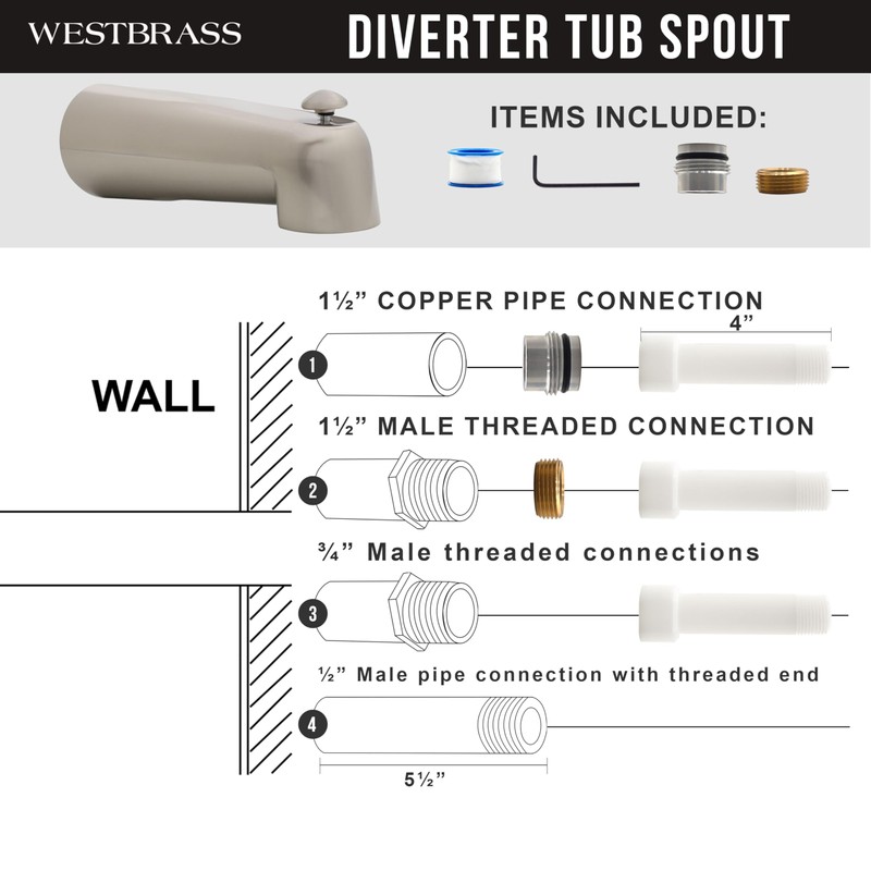 Westbrass E507DUS-07 Universal Fit 7" Diverter Tub Spout, Zinc, Satin