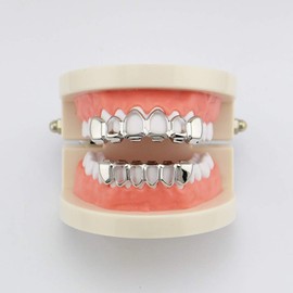 18Kk Gold Teeth Grillz Open Face Outline 6 Teeth Vampire Fangs Grillz Caps Top and Bottom Set for Your Teeth, metal, na