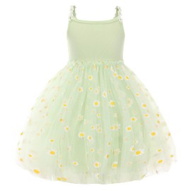 Toddler Girl's Tulle Dresses Daisy Tutu Flower Sleeveless Sundress Skirt Ruffle Casual Princess Dress Green 18-24Month