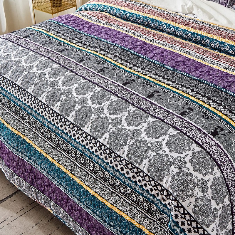 WONGS BEDDING Boho Quilt Set Queen Size, Purple Bohemian 3