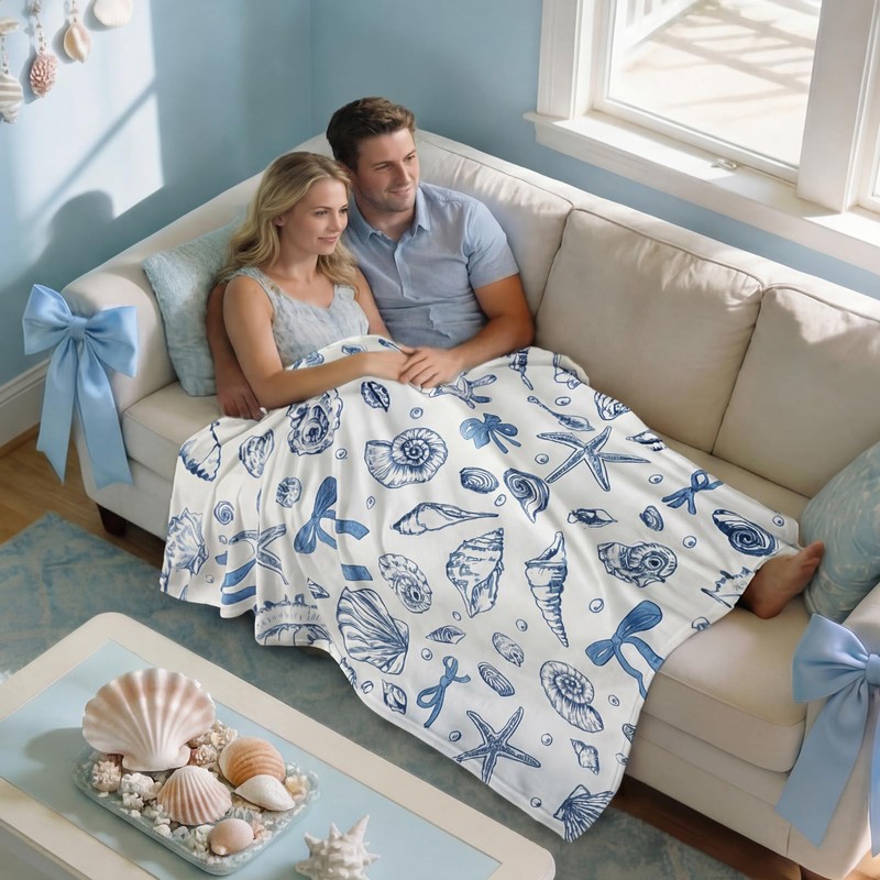 Breling Coastal Ocean Beach Throw Flannel Blanket Blue Seashells Cozy