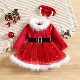 Saliuentm Toddler Baby Girl Christmas Dress Santa Claus Dress Mrs. Claus Costume for Girls Long Sleeve Flannel Xmas Party Dress (A-Red, 3-4T)