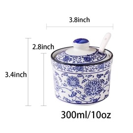 123Arts Ceramic Blue and White Sugar Bowl Spice Jar with Lid Spoon Seasoning Pot
