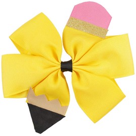 School Bow Cheer Bow Clip, Back to School Hair Bow Ponytail Holder, Pencil Girls Hair Clips ZFJ26 (Yellow Set)