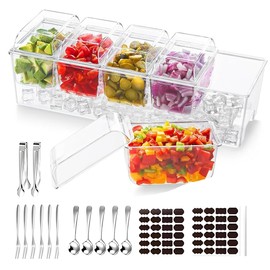 BLIVORRA Chilled Condiment Server with 5 Removable Containers, FREE Stainless Steel 5 Spoons, 5 Forks and 2 Tongs | Upto 80Oz Ice | BPA Free material | (Condiment Server with Seperate Lids)
