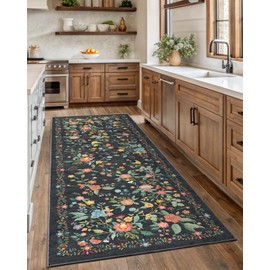 Amada 2.6x8 Washable Runner Rug, Non-Slip & Low-Profile Kitchen Area Rug with Reinforced Edge Binding, Boho Floral Pattern, Soft Long Entryway Rugs for Bedroom & Hallway