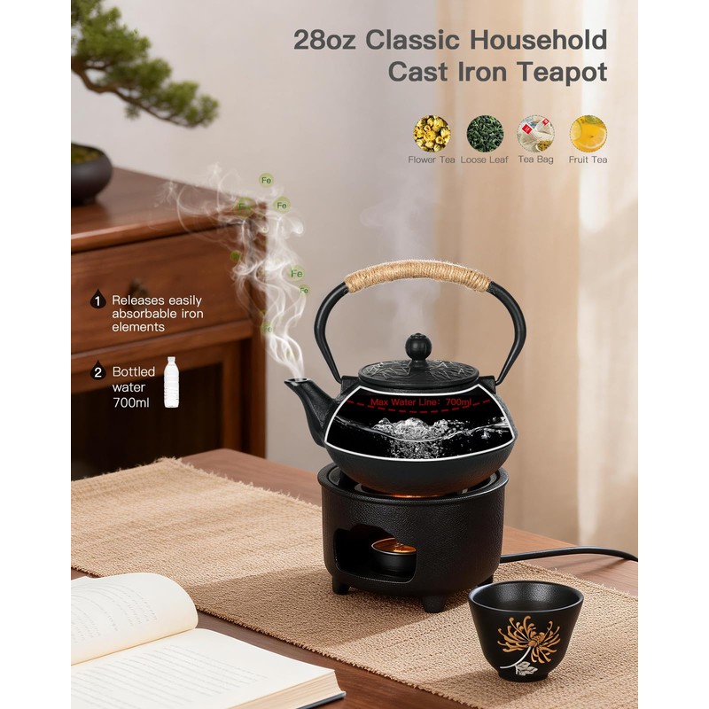 28oz Cast Iron Teapot with 4 Cups, Tea Kettle for