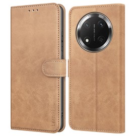 Leacckl for Honor Magic 7 Lite Case, Leather Wallet Case, Flip Case with Card Holder and Magnetic Buckle, Leather Book Case, Matte Khaki