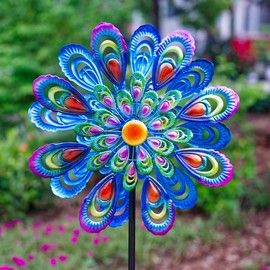 VEWOGIFT Peacock Wind Spinner, 21" Dia Large Kinetic Wind Sculptures & Spinners Outdoor, 68 Inch Tall Metal Windmill for Garden Yard Decor