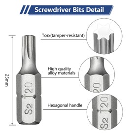 Gemtte 25-Piece Torx Bit Set, Professional T20 Bit 1/4 Inch Hex Drive, Torx Bit T20 x 25 mm Extra Hard for Internal Torx Screws (Length: 25 mm, Flip-Top Box) (T20 x 25 mm, Pack of 25)