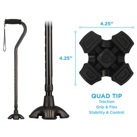 NOVA Sugarcane, Walking Cane with All Terrain Rubber Quad Tip Base and Carrying Strap, Black Design