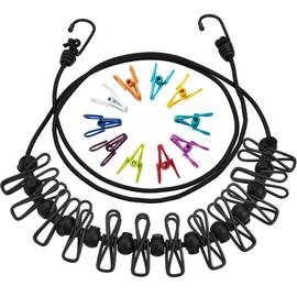 Travel Clothesline, BetterJonny Adjustable Rope Portable Clothespins with 22 Windproof Laundry Clothes Cable Line for Backyard, Hotel, Outdoor and Indoor Camping Accessories(Black)