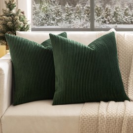 EMEMA Set of 2 Decorative Striped Velvet Christmas Throw Pillow Covers Square Soft Accent Couch Cushion Case Boho Farmhouse Pillowcase for Home Decor Sofa Bed Living Room 18×18 Inch Dark Green