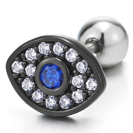 Evil Eye Black Stud Earrings Stainless Steel with White and Blue Cubic Zirconia Men Women Screw Back, Stainless Steel, Cubic Zirconia