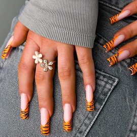 MERVF Long Square Press on Nails Orange French Tip Fake Nails Animal Print Glue on Nails Press ons Squoval Acrylic False Nails with Tiger Print Design Glossy 24pcs