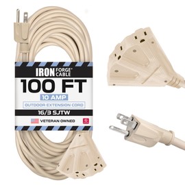 Iron Forge Cable Weatherproof 100 Ft Outdoor Extension Cord - 3 Outlet 16/3 SJTW Heavy Duty Light Brown Extension Cord 3 Prong - 10 Amp Power Cable