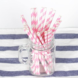50 Pack Paper Straws, Pink Striped Party Drinking Straws for Birthday, Wedding, Baby Shower, Disposable Paper Straw for Cocktail Bubble Tea Celebrations Tableware Supplies