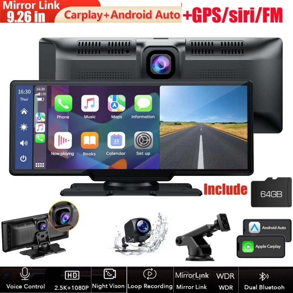 LAMTTO 9.26"Car Stereo Wireless Apple CarPlay Android Auto Portable with