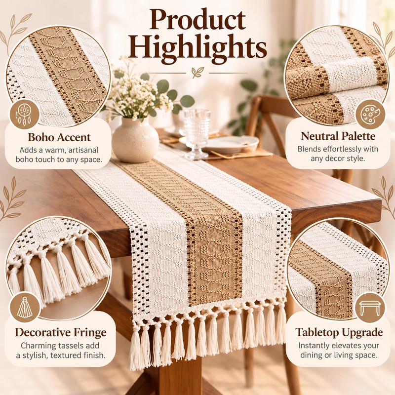Boho Table Runner for Dining Room Decor – Cream &
