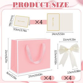 4 PCS Pink Gift Bag Medium, Birthday Gift Bag with 4 Bow 4 Cards for Women Girls Boys Birthday Valentines Bridesmaid Wedding Party (27 * 21 * 8 cm)