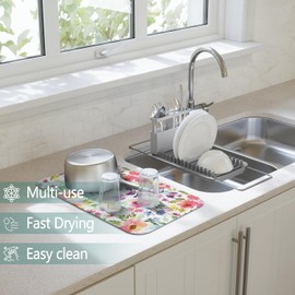 Dish Drying Mat for Kitchen Counter 2 Pack with Non-Slip Rubber Backing - Heat-Resistant Absorbent Coffee Bar Mat, Dish Rack Mat, Watercolor Flower Dish Drying Mats 18x24+19.5x12 inch