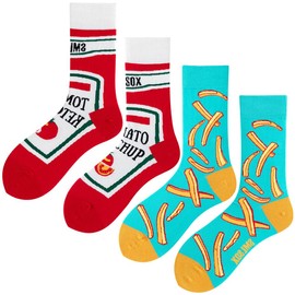 Angelteers 2 Pairs Cute Cartoon Plants Foods Cotton Crew Socks for Women Teens (US, Alpha, One Size, Regular, Regular, French fries & Ketchup)