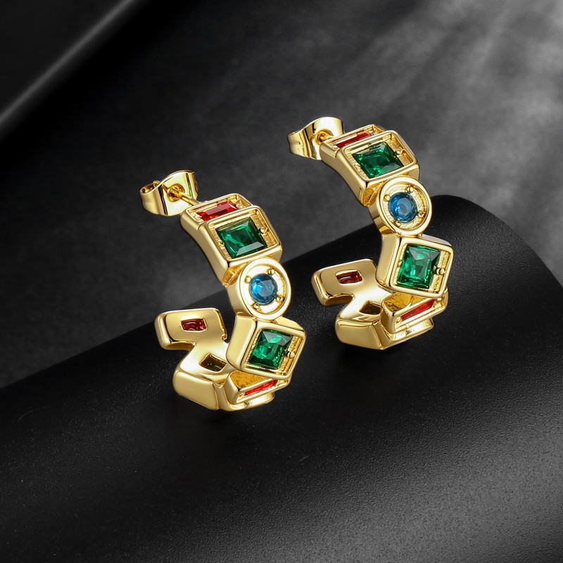 Multicolor Gemstones Hoop Earrings - Women 316L Stainless Steel Gold-Tone