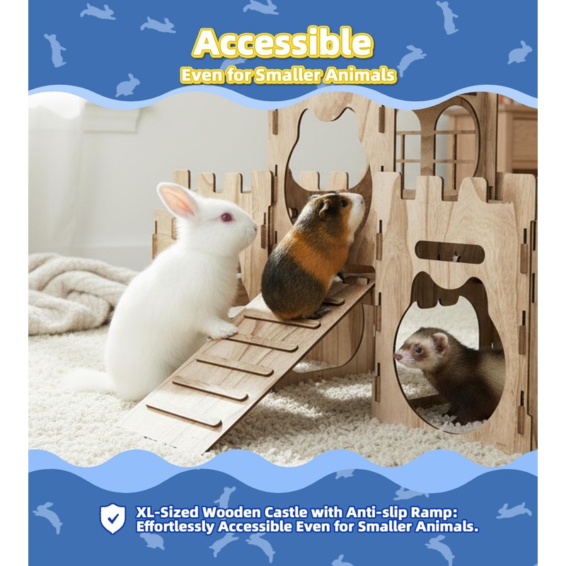 LEXASTLE Larger Bunny Castle Sturdy Walnut Color Wooden Rabbit Hideout