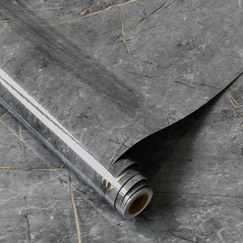 BOMENG Gray Gold Marble Wallpaper 48"x354" Extra Wide Countertop Contact Paper Grey Peel Stick Countertops Counter Top Covers Countertop Laminate Sheets Glossy Waterproof Vinyl Wrap for Kitchen