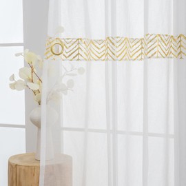 L.Z.E Gold and White Sheer Curtains 84 Inches Long for Living Room, White Elegant Curtains with Design, Linen Look Sheer Curtains with Glod Pattern,Grommet Top 2 Panels Set (56" W x 84" L Gold)