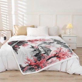Erosebridal Japanese Ukiyo Throw Blanket Throw 50"X60" Mount Fuji Cherry Blossom Sherpa Blanket Ink Painting Style Japanese Fleece Blanket for Kids Adults Sakura Flower Vintage Plush Bed Blanket