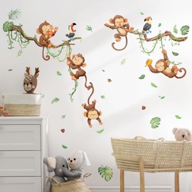 Supzone Wall Sticker Monkey Climbing on Tree Wall Sticker Hanging Vine Leaves Wall Sticker Jungle Boys Room Wall Decor for Children's Room Baby Room Bedroom Wall Decoration