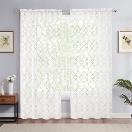 Beige White Sheer Curtains for Bedroom 84" Ivory Geometric Moroccan Embroidery Semi Sheer Curtain Panels Rod Pocket Light Filtering Lattice Tile Window Treatment Sets for Office 52" W 2pcs