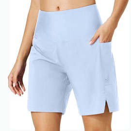 S Spowind Women's High Waisted Swim Board Shorts Quick Dry Beach Bottom Trunks UPF 50+ with Liner Phone Pockets Ice Blue