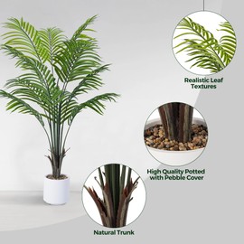 Artificial Areca Palm Tree 4FT Fake Potted Plant 2 Pack Faux Silk Tropical Areca Palm with 12 Trunks & Real Bark Design, Large Aritificial Plant in Pot for Home Living Room House Warmming Floor Decor