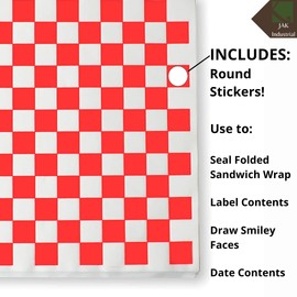 1000 Sheets of Red and White Checkered, Grease - Resistant, Basket Liners/Deli Paper with Round Labels